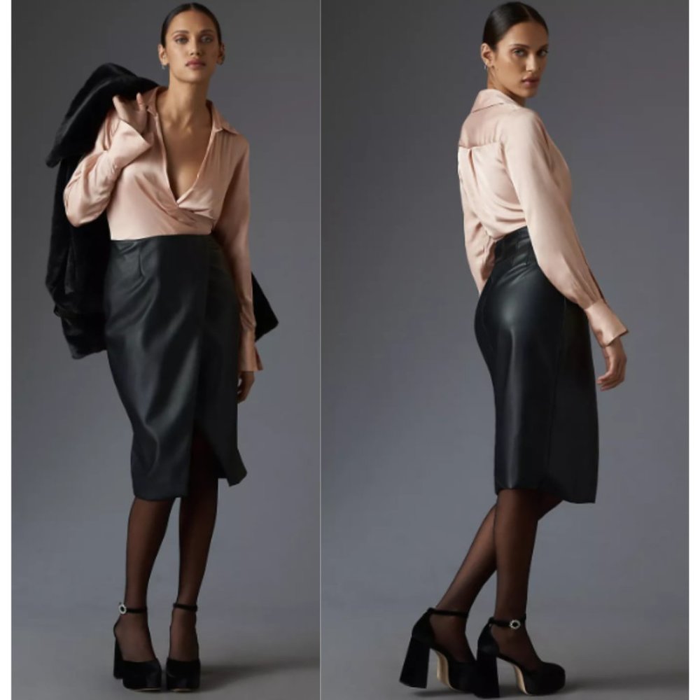 Anthropologie Long-Sleeve V-Neck Faux Leather Satin Midi Dress NWT 2